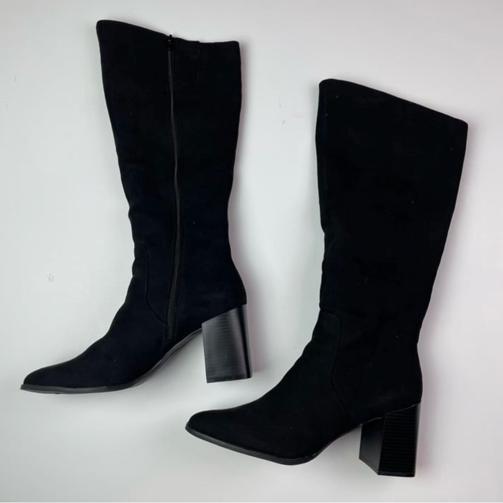 Alfani Elegant Step N Flex Black Heeled Suede Knee High Block Heel Boots